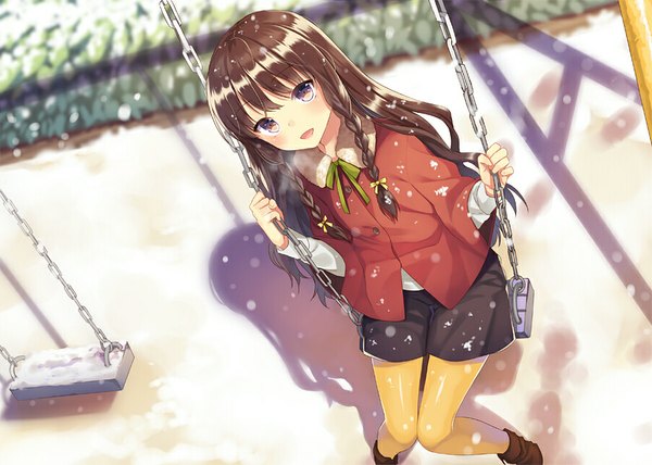 Anime picture 900x642 with original kurasawa moko single long hair looking at viewer fringe short hair brown hair sitting purple eyes braid (braids) from above shadow twin braids happy snowing winter snow exhalation girl