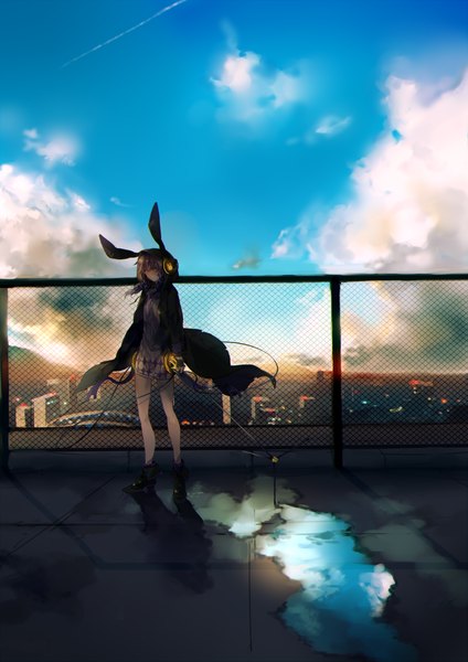 Anime picture 707x1000 with vocaloid yuzuki yukari asuna (i luv) single long hair tall image twintails purple eyes animal ears sky purple hair cloud (clouds) wind bunny ears low twintails city reflection cityscape scenic girl