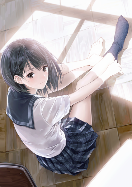 Anime picture 2893x4092 with blue reflection gust (company) shirai hinako kishida mel single tall image looking at viewer blush highres short hair black hair sitting pleated skirt barefoot from above black eyes sunlight official art shadow short sleeves