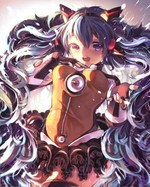 Anime picture 826x1024 with vocaloid odds & ends (vocaloid) hatsune miku yasiromann single long hair tall image looking at viewer open mouth blue eyes twintails blue hair girl dress hair ornament
