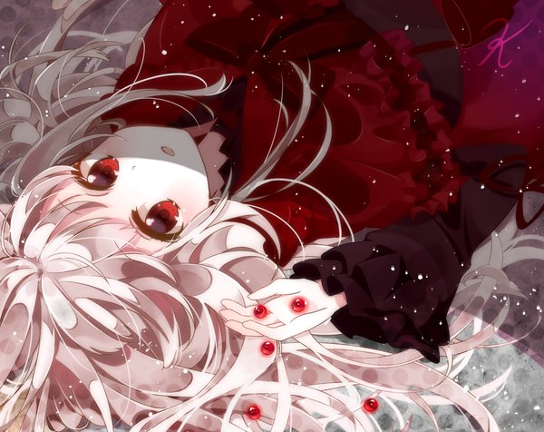 Anime picture 1100x873 with k-project gohands (studio) kushina anna rirako long hair looking at viewer red eyes white hair lying loli girl dress beads