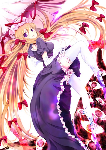 Anime picture 600x849 with touhou yakumo yukari teruru single tall image looking at viewer blush blonde hair smile purple eyes very long hair girl thighhighs dress gloves white thighhighs elbow gloves headdress