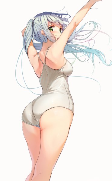 Anime picture 700x1131 with original wingheart single long hair tall image looking at viewer blush fringe breasts open mouth light erotic simple background standing white background twintails green eyes payot silver hair ass looking back
