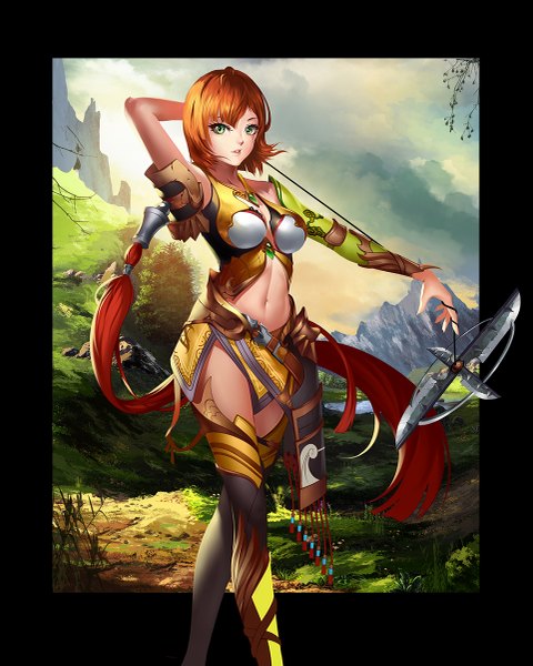 Anime picture 961x1200 with shinobi (game) lldarkart single tall image looking at viewer short hair green eyes orange hair arm behind head girl navel weapon