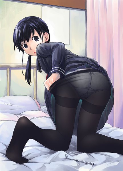 Anime picture 863x1200 with original hidari kagetora single long hair tall image looking at viewer light erotic black hair twintails ass looking back black eyes no shoes turning head skirt lift bent over girl skirt uniform underwear