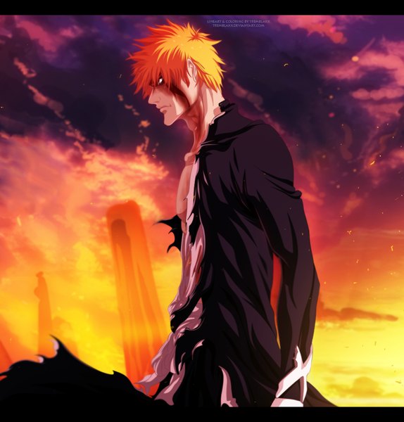 Anime picture 1000x1045 with bleach studio pierrot kurosaki ichigo tremblax single tall image short hair sky cloud (clouds) japanese clothes profile orange hair orange eyes coloring torn clothes evening sunset letterboxed muscle boy