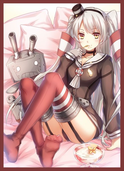 Anime picture 874x1200 with kantai collection amatsukaze destroyer rensouhou-kun pollia long hair tall image looking at viewer blush light erotic yellow eyes silver hair arm support two side up pantyshot crossed legs cameltoe pantyshot sitting framed food on face girl