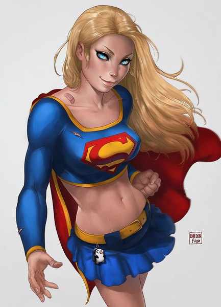 Anime picture 700x969 with dc comics supergirl dandon fuga single long hair tall image looking at viewer breasts blue eyes simple background blonde hair smile realistic grey background bare belly midriff superhero girl skirt miniskirt