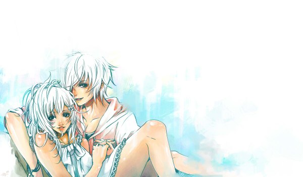 Anime picture 1200x700 with original applegrenade looking at viewer blush short hair simple background smile wide image white background sitting white hair black eyes legs holding hands reclining girl dress boy hair ornament bow