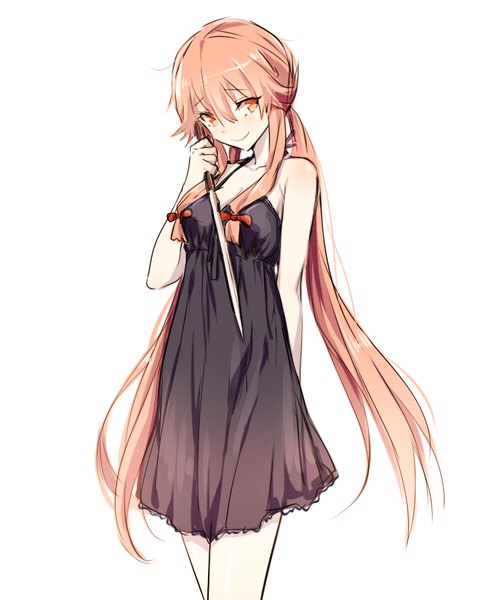 Anime picture 700x863 with mirai nikki gasai yuno mery (yangmalgage) single long hair tall image simple background smile red eyes white background twintails bare shoulders looking away pink hair low twintails girl dress black dress knife