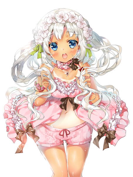 Anime picture 756x1000 with original miwabe sakura single long hair tall image looking at viewer blush open mouth blue eyes white background white hair hair flower girl navel hair ornament flower (flowers) bow shorts frills