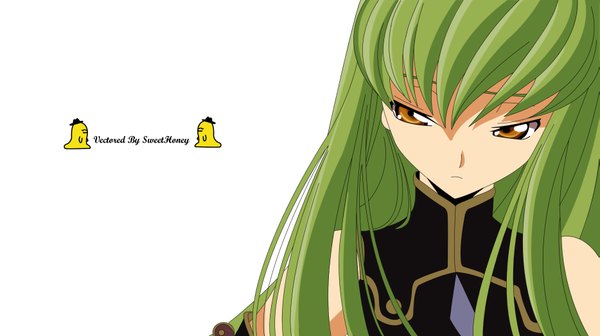Anime picture 3733x2092 with code geass sunrise (studio) c.c. cheese-kun single long hair fringe highres simple background wide image white background signed yellow eyes green hair text vector girl