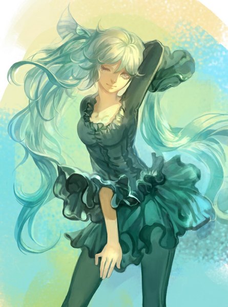 Anime picture 600x808 with vocaloid hatsune miku afra single tall image looking at viewer fringe breasts smile standing very long hair one eye closed aqua eyes wink aqua hair wide sleeves alternate costume wavy hair arched back girl