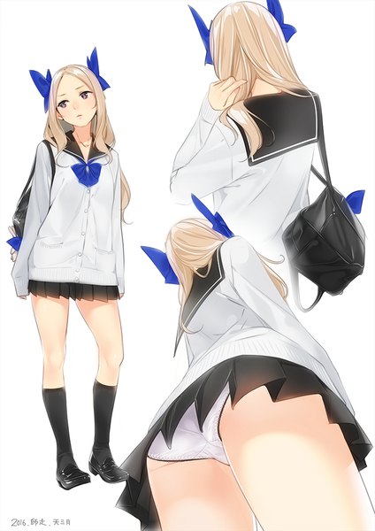 Anime picture 777x1100 with kantai collection asakaze (kantai collection) ama mitsuki long hair tall image light erotic simple background blonde hair standing white background brown eyes signed looking away full body parted lips pleated skirt from behind from below back adjusting hair