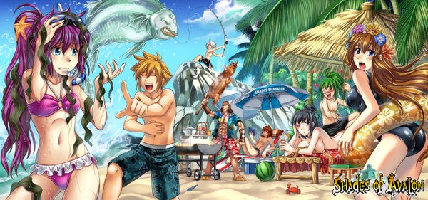 Anime picture 3000x1406 with shades of avalon (game) arseniquez long hair highres short hair open mouth blue eyes light erotic black hair blonde hair wide image multiple girls pink hair ponytail eyes closed green hair multiple boys beach laughing girl