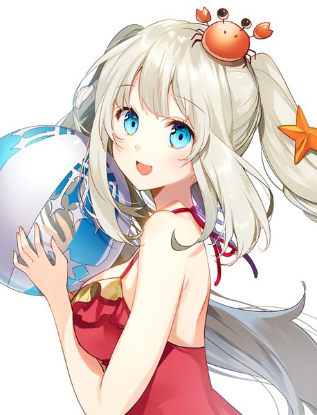 Anime picture 610x800 with fate (series) fate/grand order marie antoinette (fate/grand order) marie antoinette (swimsuit caster) (fate) yuzuki kihiro single long hair tall image looking at viewer blush open mouth blue eyes simple background white background twintails payot silver hair upper body :d off shoulder