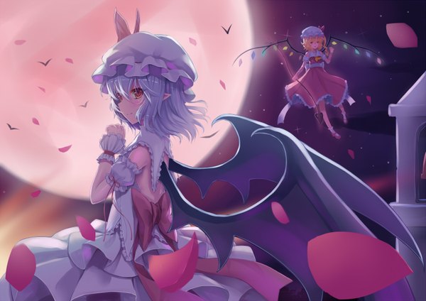Anime picture 1500x1060 with touhou flandre scarlet remilia scarlet sonikey0 0 short hair blonde hair red eyes multiple girls silver hair pointy ears girl dress 2 girls animal petals wings frills bonnet crystal bat