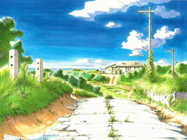 Anime picture 1024x768 with yokohama kaidashi kikou hatsuseno alpha ashinano hitoshi sky cloud (clouds) no people scenic plant (plants) building (buildings) grass house power lines road pole