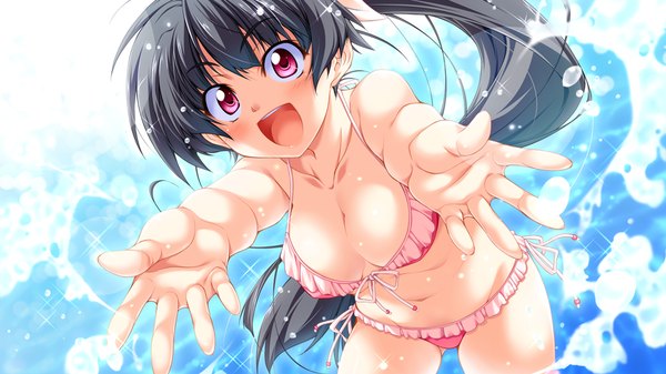 Anime picture 1024x576 with taiyou no promia taiyou no promia flowering days flarerouge lilienthal long hair looking at viewer blush breasts open mouth light erotic black hair wide image game cg ponytail pink eyes girl navel ribbon (ribbons) swimsuit hair ribbon bikini