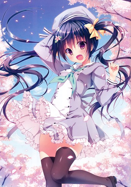 Anime picture 5710x8156 with original ryohka single long hair tall image looking at viewer blush highres open mouth black hair purple eyes twintails absurdres girl thighhighs dress black thighhighs petals beret can