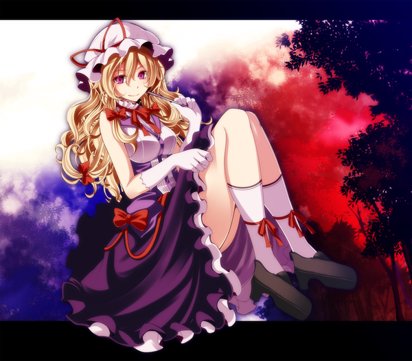 Anime picture 2000x1753 with touhou yakumo yukari s-syogo single long hair looking at viewer highres blonde hair purple eyes revision girl dress gloves bow plant (plants) tree (trees) socks frills white gloves white socks