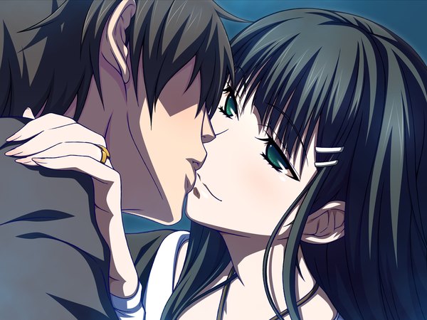 Anime picture 1280x960 with remember long hair black hair green eyes game cg couple almost kiss girl boy