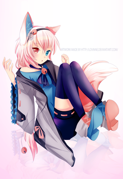 Anime picture 800x1163 with original fukune single tall image blush short hair blue eyes simple background red eyes white background animal ears pink hair bent knee (knees) tail traditional clothes parted lips animal tail heterochromia girl thighhighs