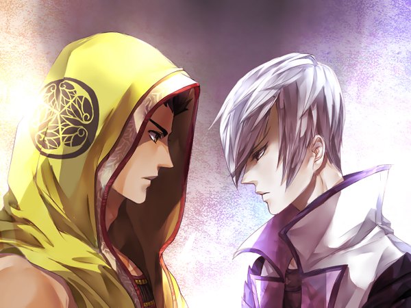 Anime picture 1280x960 with sengoku basara production i.g mitsunari ishida tokugawa ieyasu charirizuma short hair brown hair purple hair profile boy hood