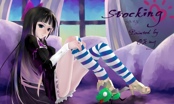 Anime picture 3000x1800 with panty & stocking with garterbelt anarchy stocking chuck okingjo long hair highres blue eyes black hair wide image sitting multicolored hair undressing girl thighhighs dress bow hair bow animal striped thighhighs dog