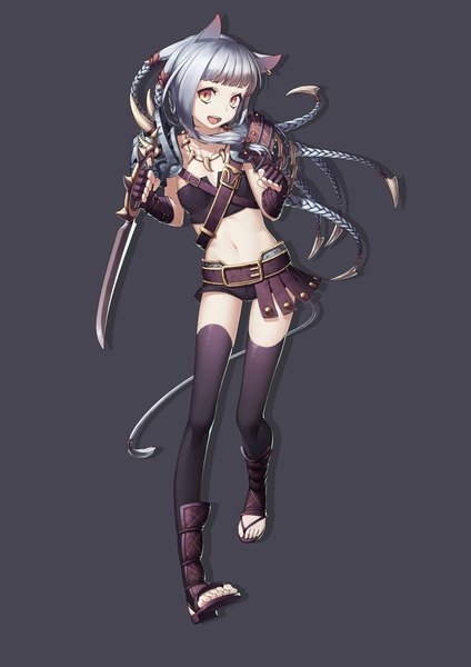 Anime picture 2480x3507 with league of legends rengar (league of legends) daye bie qia lian single long hair tall image looking at viewer fringe highres open mouth light erotic simple background smile animal ears silver hair tail animal tail cat ears cat girl cat tail