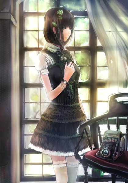 Anime picture 1257x1799 with original gausu single tall image looking at viewer fringe short hair standing green eyes wind sunlight short sleeves lacing girl thighhighs hair ornament white thighhighs bracelet window hairclip