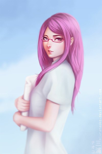 Anime picture 800x1200 with tokyo ghoul studio pierrot kamishiro rize miura-n315 single long hair tall image blush simple background standing holding pink hair parted lips pink eyes lips blurry realistic teeth short sleeves blue background