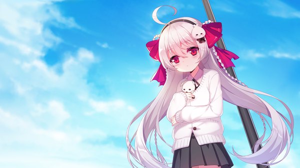 Anime picture 3600x2025 with niliu chahui tokisaki mio single long hair blush fringe highres wide image absurdres silver hair cloud (clouds) ahoge braid (braids) pleated skirt pink eyes :o twin braids girl skirt uniform