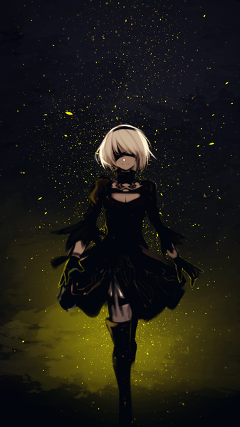 Anime picture 1080x1920 with nier nier:automata yorha no. 2 type b tarbo (exxxpiation) single tall image fringe short hair smile silver hair full body white hair long sleeves from above zettai ryouiki puffy sleeves cleavage cutout walking center opening blindfold
