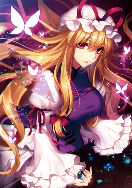 Anime picture 2451x3500 with touhou yakumo yukari masaru.jp single tall image looking at viewer highres blonde hair purple eyes very long hair scan girl dress bow hair bow insect butterfly bonnet