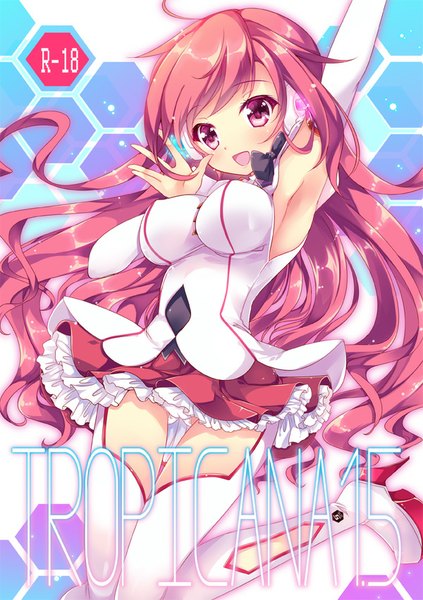 Anime picture 600x851 with sound voltex rasis hinata momo single long hair tall image blush fringe breasts open mouth light erotic red hair pink eyes arms up girl skirt underwear panties white panties