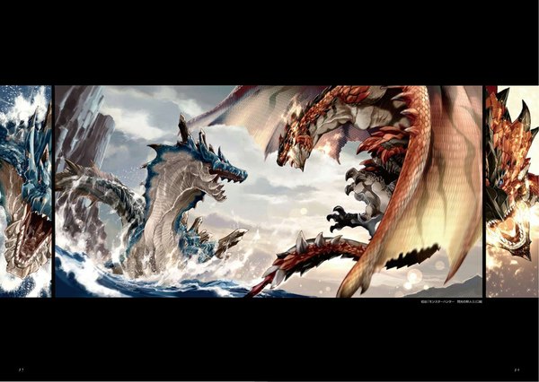 Anime picture 1000x711 with monster hunter tri monster hunter rathalos lagiacrus mountain battle water sea fire dragon monster