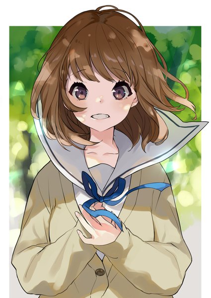Anime picture 2509x3542 with original yuu (higashi no penguin) single tall image looking at viewer fringe highres short hair brown hair brown eyes upper body wind framed hands clasped clenched teeth girl uniform serafuku cardigan