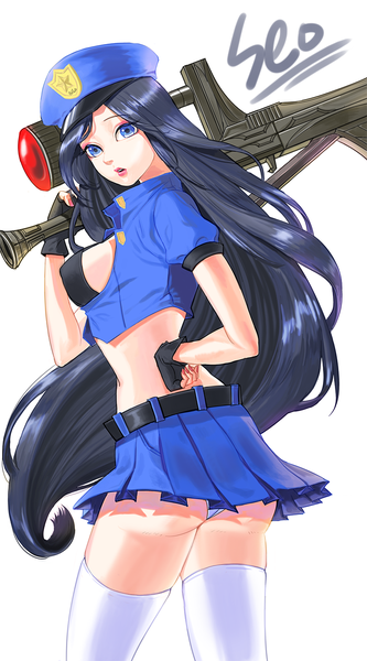 Anime picture 800x1440 with league of legends caitlyn (league of legends) officer caitlyn seo (artist) single long hair tall image breasts blue eyes light erotic simple background white background blue hair girl thighhighs skirt gloves uniform underwear panties