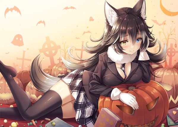 Anime picture 1200x858 with kemono friends grey wolf (kemono friends) akashio (loli ace) single long hair blush fringe breasts light erotic black hair smile hair between eyes large breasts animal ears tail lying long sleeves animal tail no shoes zettai ryouiki