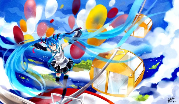 Anime picture 1400x817 with vocaloid hatsune miku wide image twintails blue hair cloud (clouds) eyes closed very long hair spread arms girl detached sleeves necktie balloon