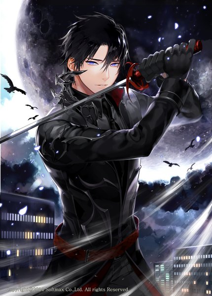 Anime picture 1284x1792 with original gearous single tall image looking at viewer short hair black hair purple eyes holding wind night open clothes arms up open jacket night sky boy gloves weapon animal shirt