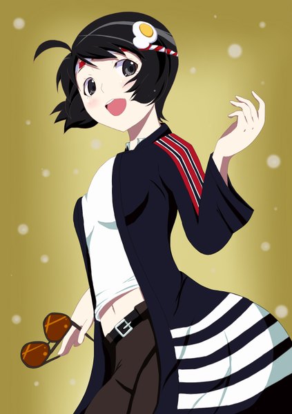 Anime picture 1200x1700 with nisemonogatari shaft (studio) monogatari (series) araragi tsukihi yoroshi (yoroshii seikatsu) single tall image blush short hair open mouth black hair ahoge black eyes sunglasses removed girl hair ornament sunglasses