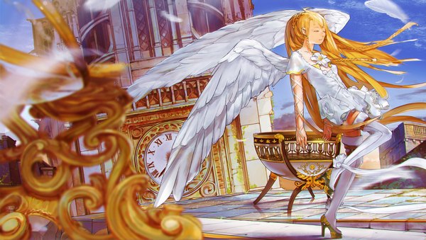 Anime picture 1768x1000 with original el-zheng single long hair highres blonde hair wide image standing sky cloud (clouds) ahoge braid (braids) wind blurry reflection angel wings checkered floor angel architecture girl