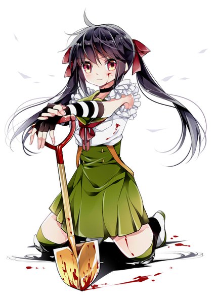 Anime picture 900x1257 with gakkou gurashi! ebisuzawa kurumi ayumaru (art of life) single long hair tall image looking at viewer black hair simple background red eyes white background twintails full body ahoge kneeling serious blood on face bloody clothes blood stains girl
