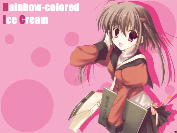 Anime picture 1024x768 with rainbow colored icecream nanao naru single long hair looking at viewer fringe open mouth simple background hair between eyes brown hair long sleeves :d pink eyes copyright name pink background girl bag shoulder bag sketchbook