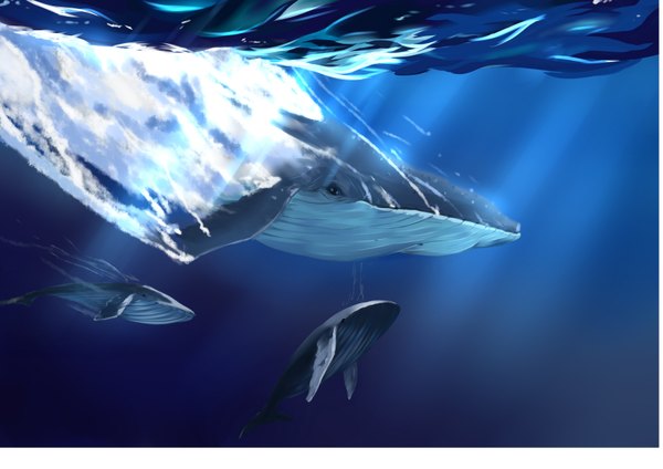 Anime picture 3507x2480 with original roeka18 highres absurdres sunlight partially submerged animal water sea bubble (bubbles) wave (waves) whale