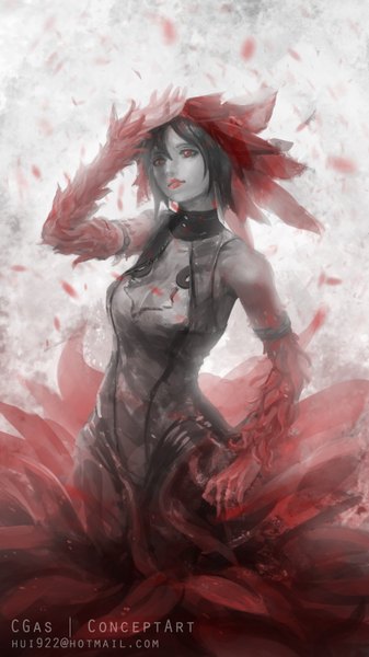 Anime picture 1800x3200 with original cglas single tall image looking at viewer highres short hair black hair red eyes standing bare shoulders light smile girl dress detached sleeves petals