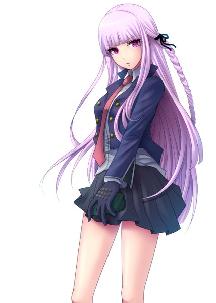 Anime picture 998x1400 with dangan ronpa kirigiri kyouko kuroma (atapi) single long hair tall image looking at viewer simple background white background purple eyes purple hair braid (braids) girl skirt gloves necktie jacket black skirt