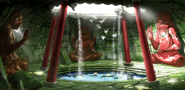 Anime picture 1600x783 with original mugon wide image landscape waterfall animal water bird (birds) statue